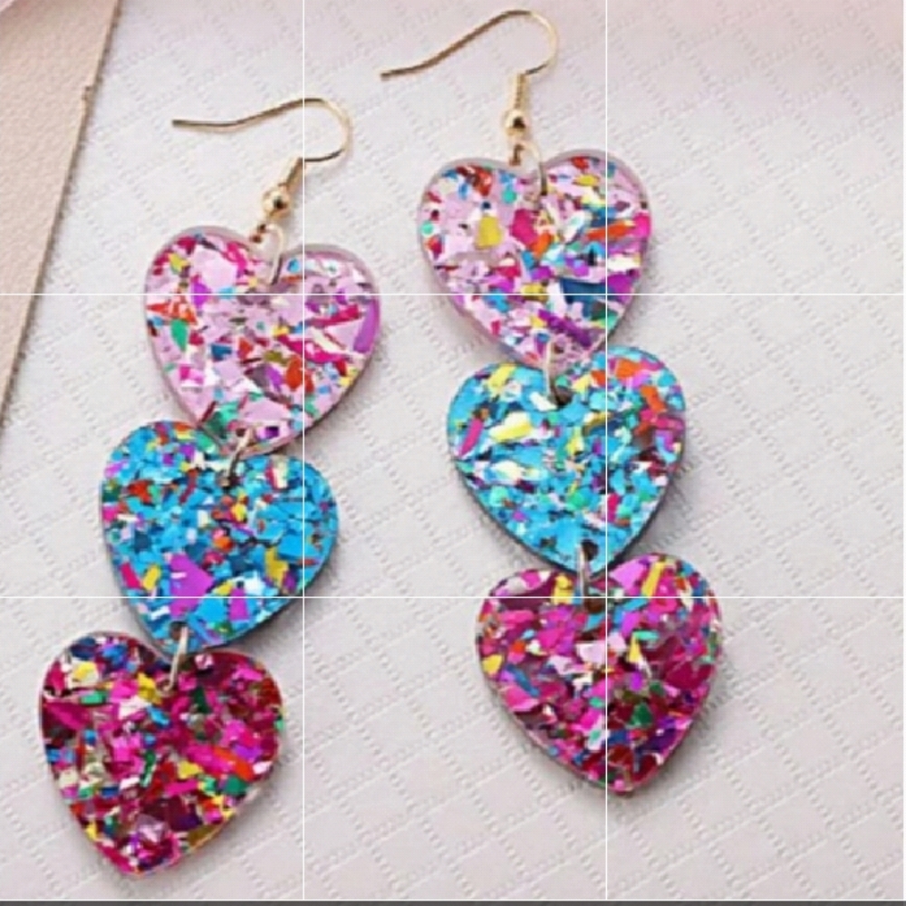 ADORABLE Crystal Heart Iridescent Dangle Drop Earrings  Stainless Earwires NEW